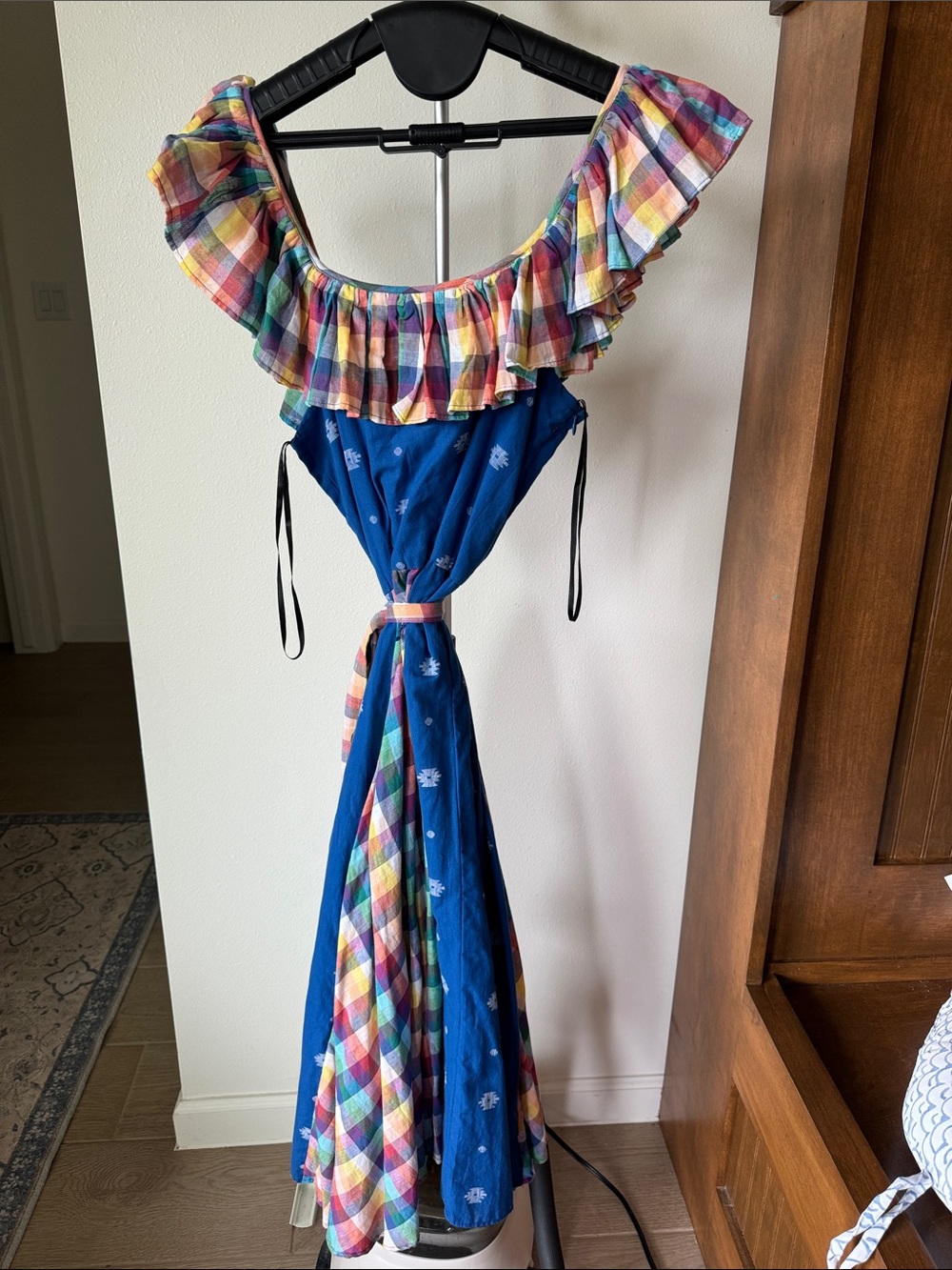Blue Midi Dress with Multicolor Ruffle Trim